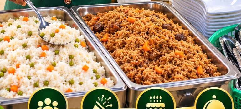 Pilau and vegetable rice served in chafing dishes